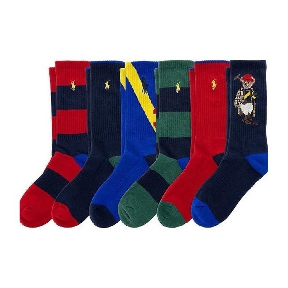 Polo Ralph Lauren Mens 6-Pack Crew Socks Polo Bear Rugby Stripe Multi Color XL